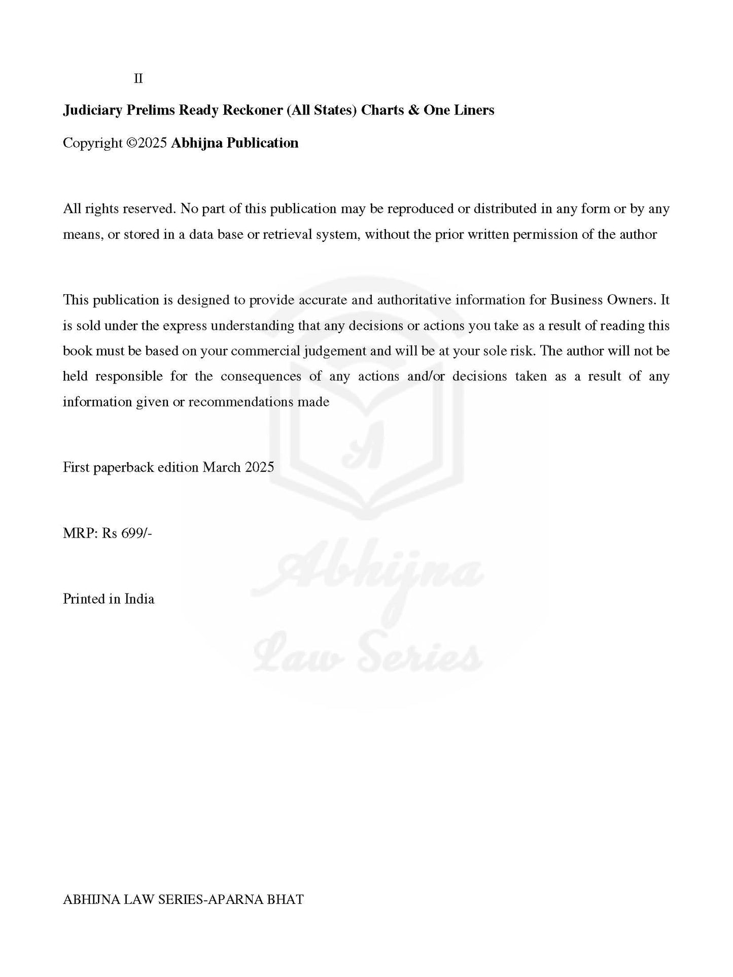 Judiciary Prelims Ready Reckoner (All States) Charts & One Liners [Paperback] Aparna Bhat and Anuradha Bhat